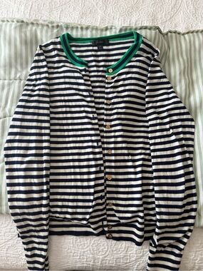 J. Crew Navy and White Striped Cotton Cardigan with Green Trim